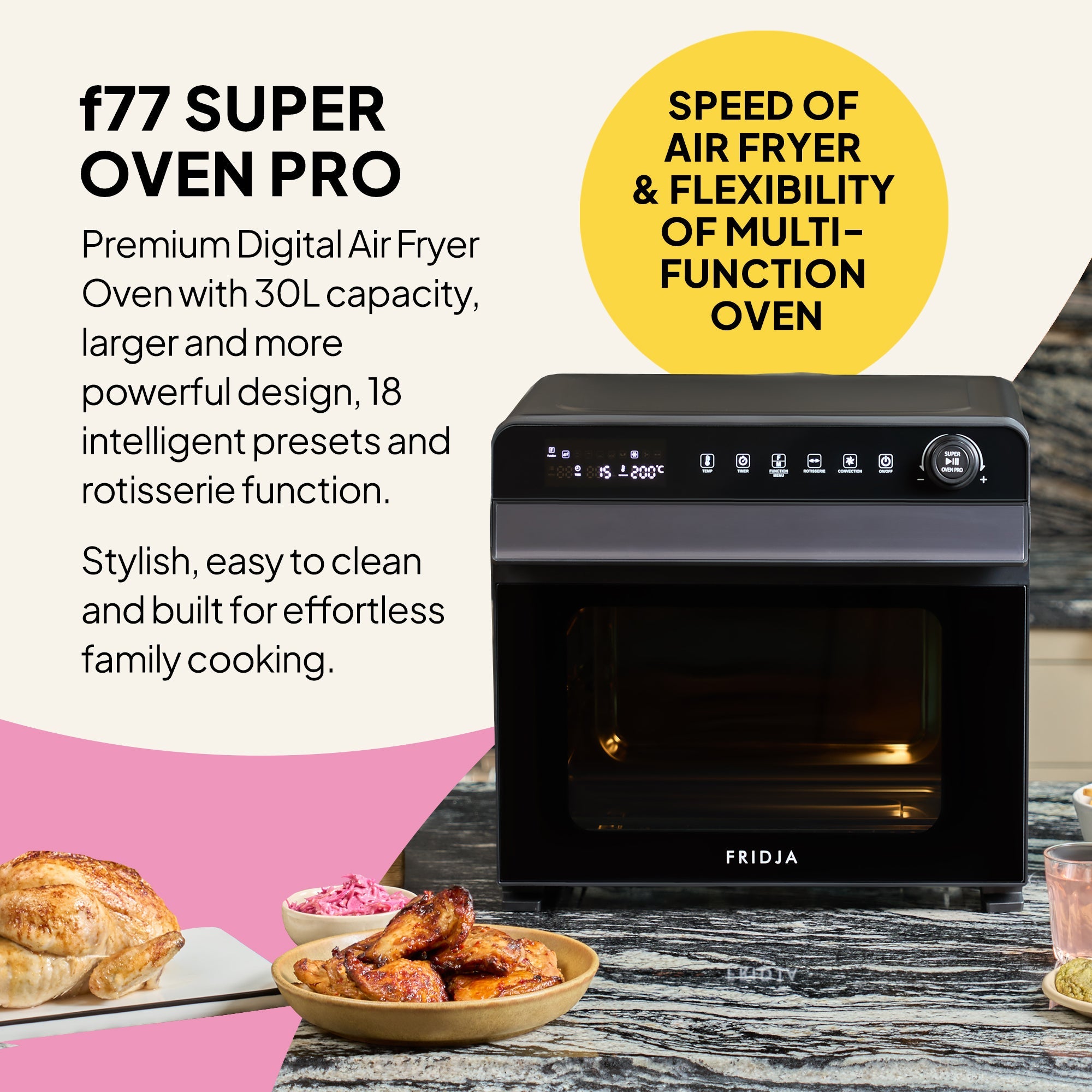 Fridja f77 Super Oven Pro with text highlighting features on a kitchen background