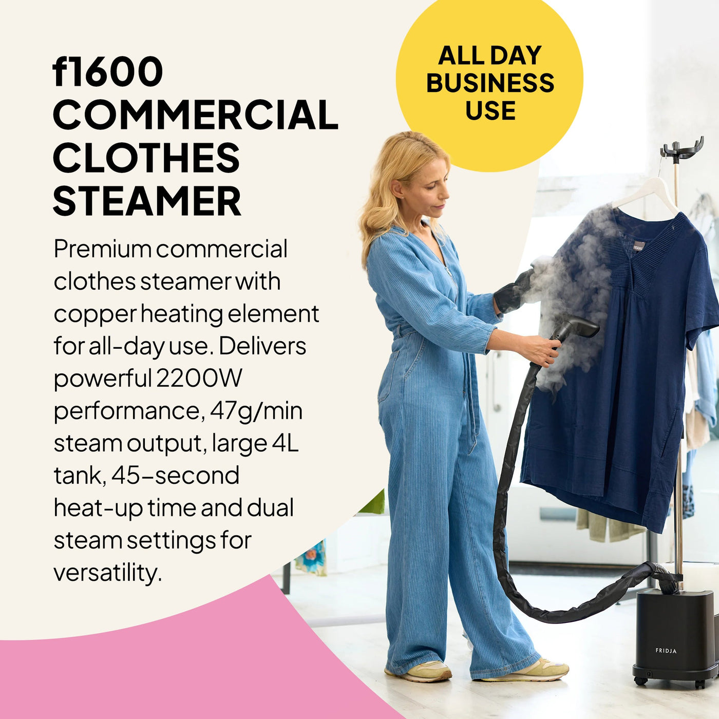 Woman using a commercial clothes steamer with text highlighting features and benefits.