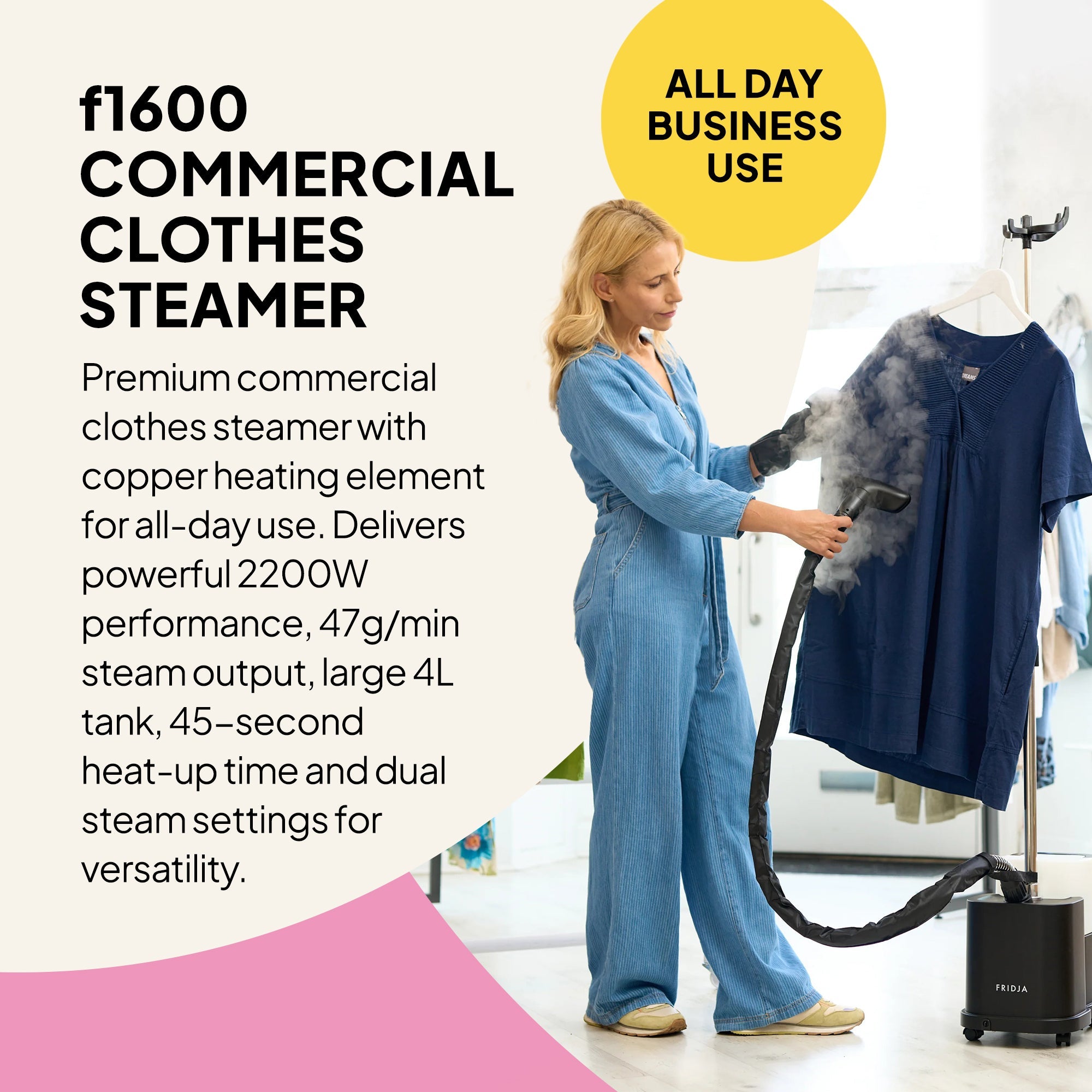 Woman using a commercial clothes steamer with text highlighting features and benefits.