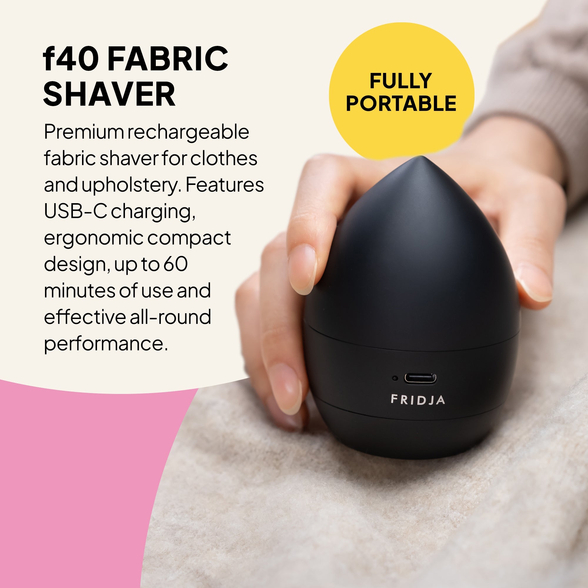 Black fabric shaver held by a hand with product details on a light background