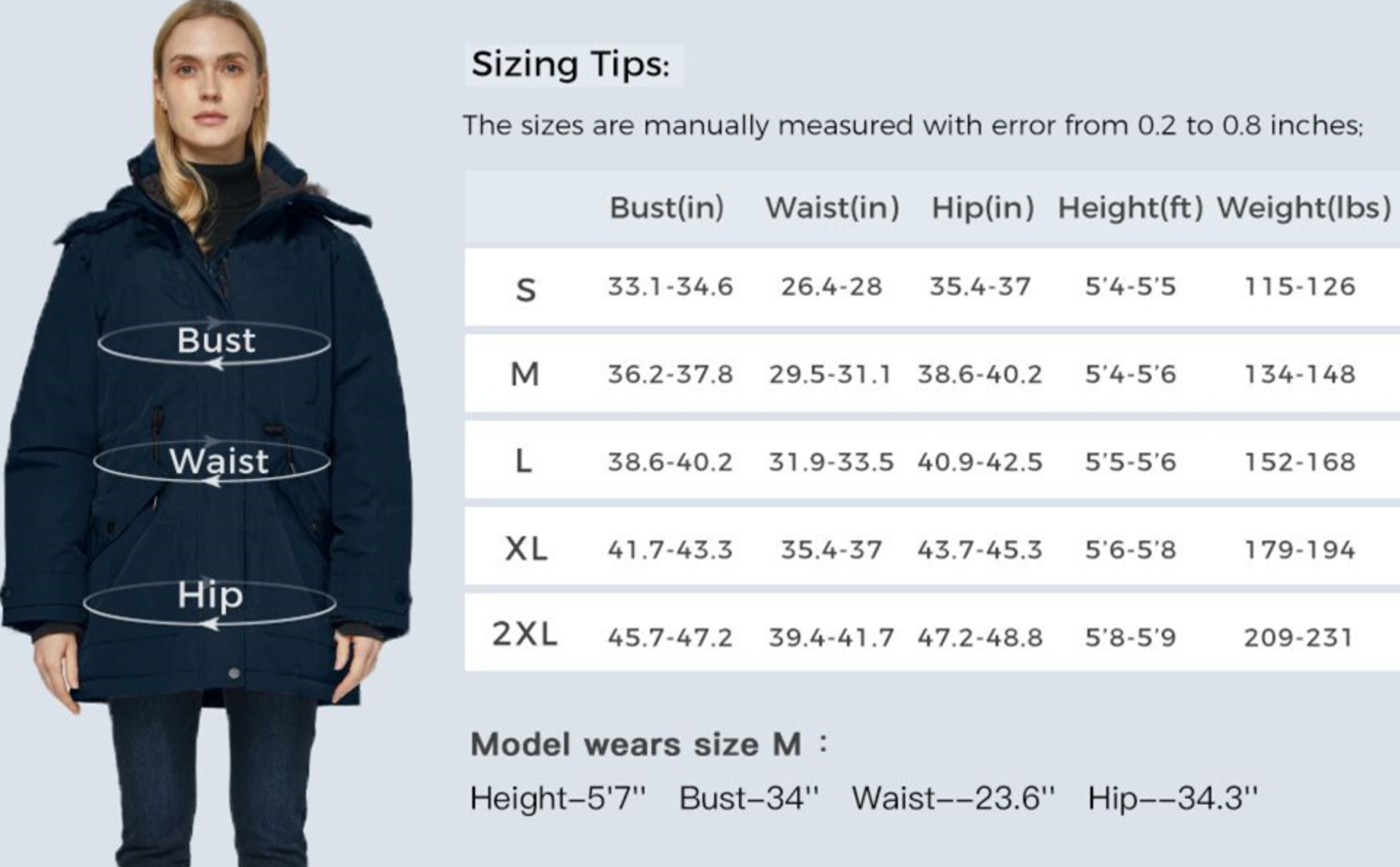 Size chart for a coat with measurements and a model wearing the coat.