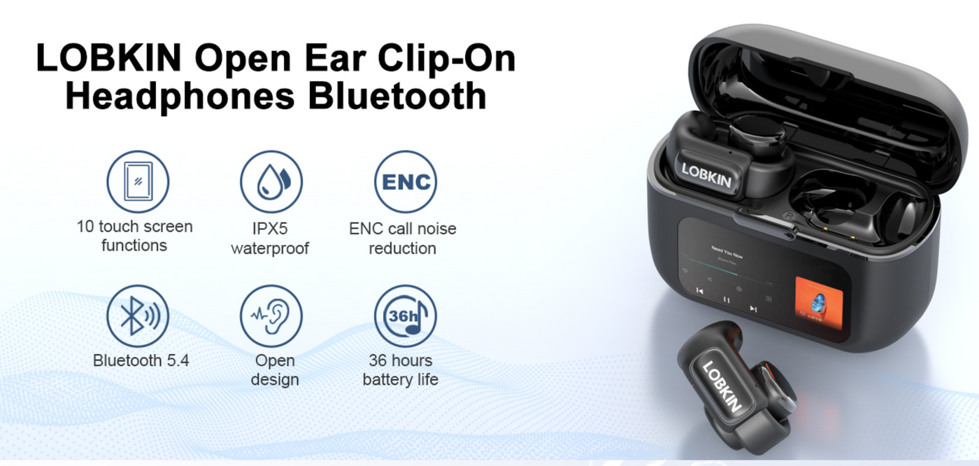 LOBKIN Open Ear Clip-On Headphones Bluetooth with charging case on a light blue background
