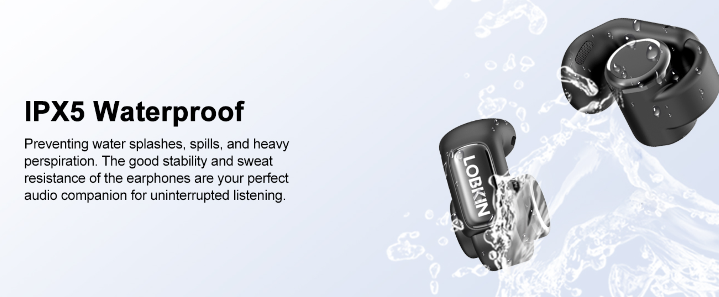 True wireless earbuds with water resistance feature on a light gray background