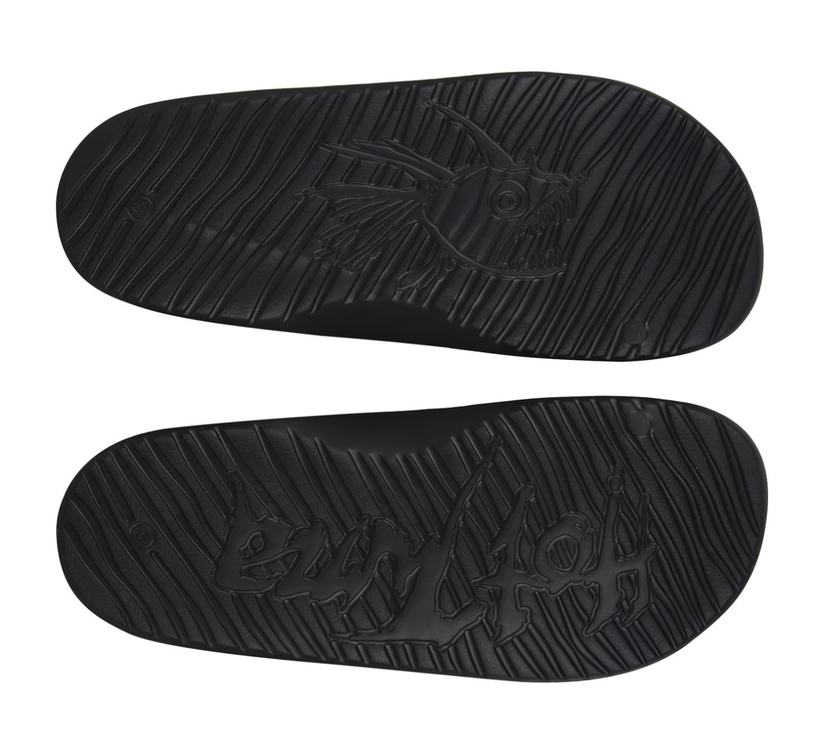 Black flip-flop sandals with a brand logo on the sole against a white background