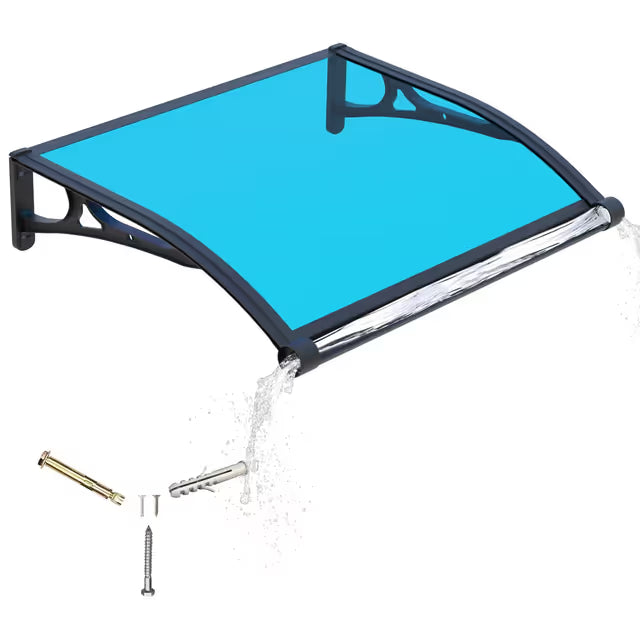 A blue translucent awning panel with a black metal frame, shown on a white background with water droplets and included mounting hardware.