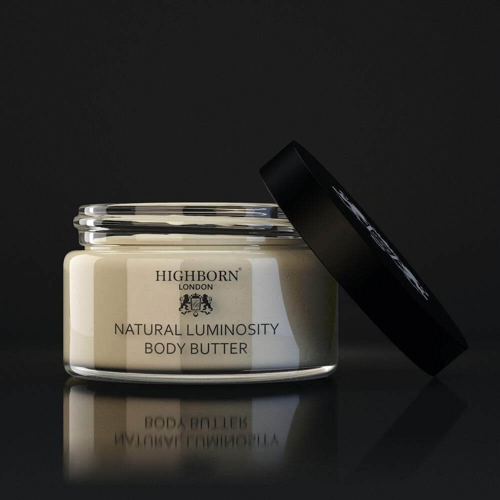Jar of Highborn London Natural Luminosity Body Butter on a black background