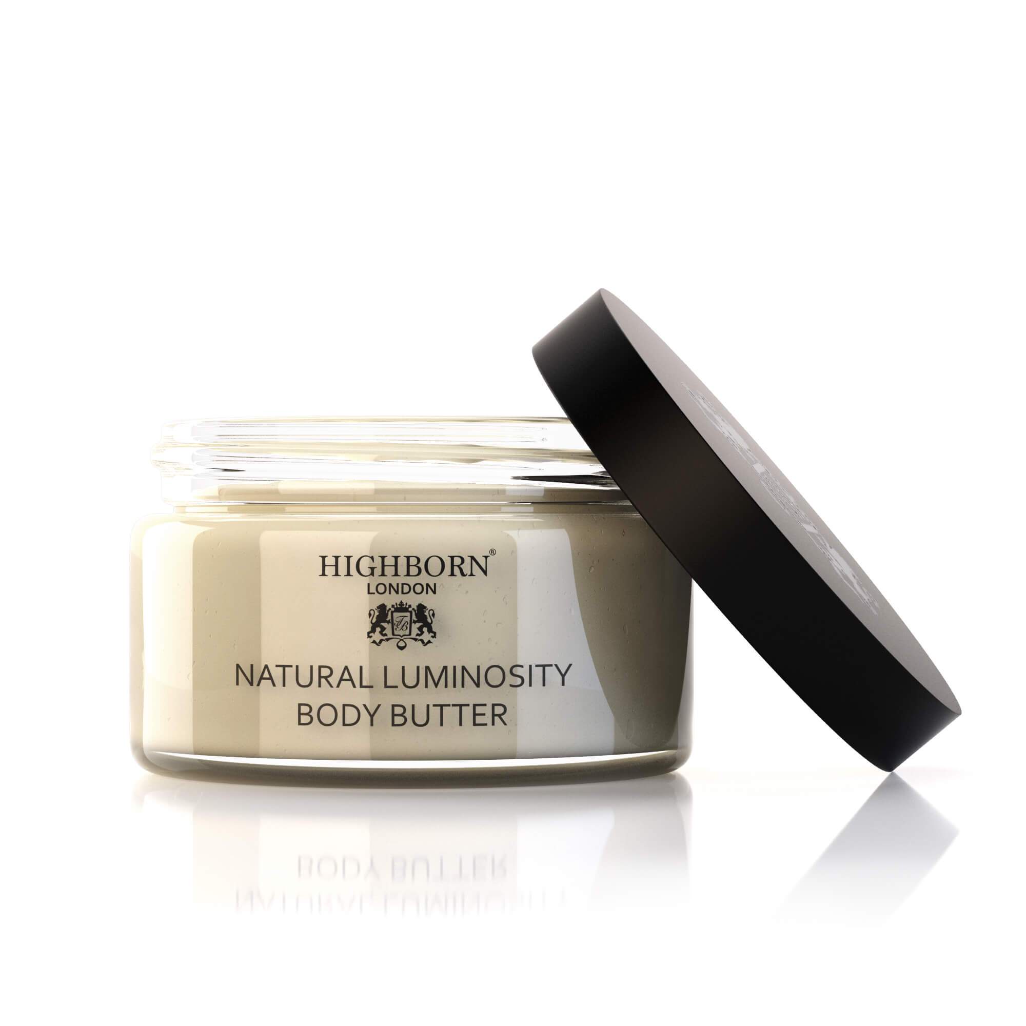 Jar of Highborn London Natural Luminosity Body Butter with black lid on a white background