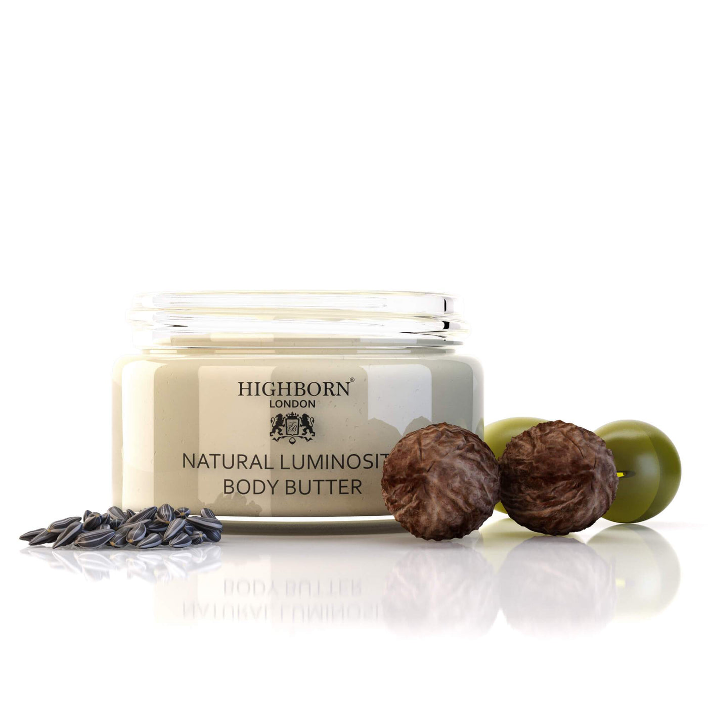 Highborn London Natural Luminosity Body Butter with botanical elements on a white background