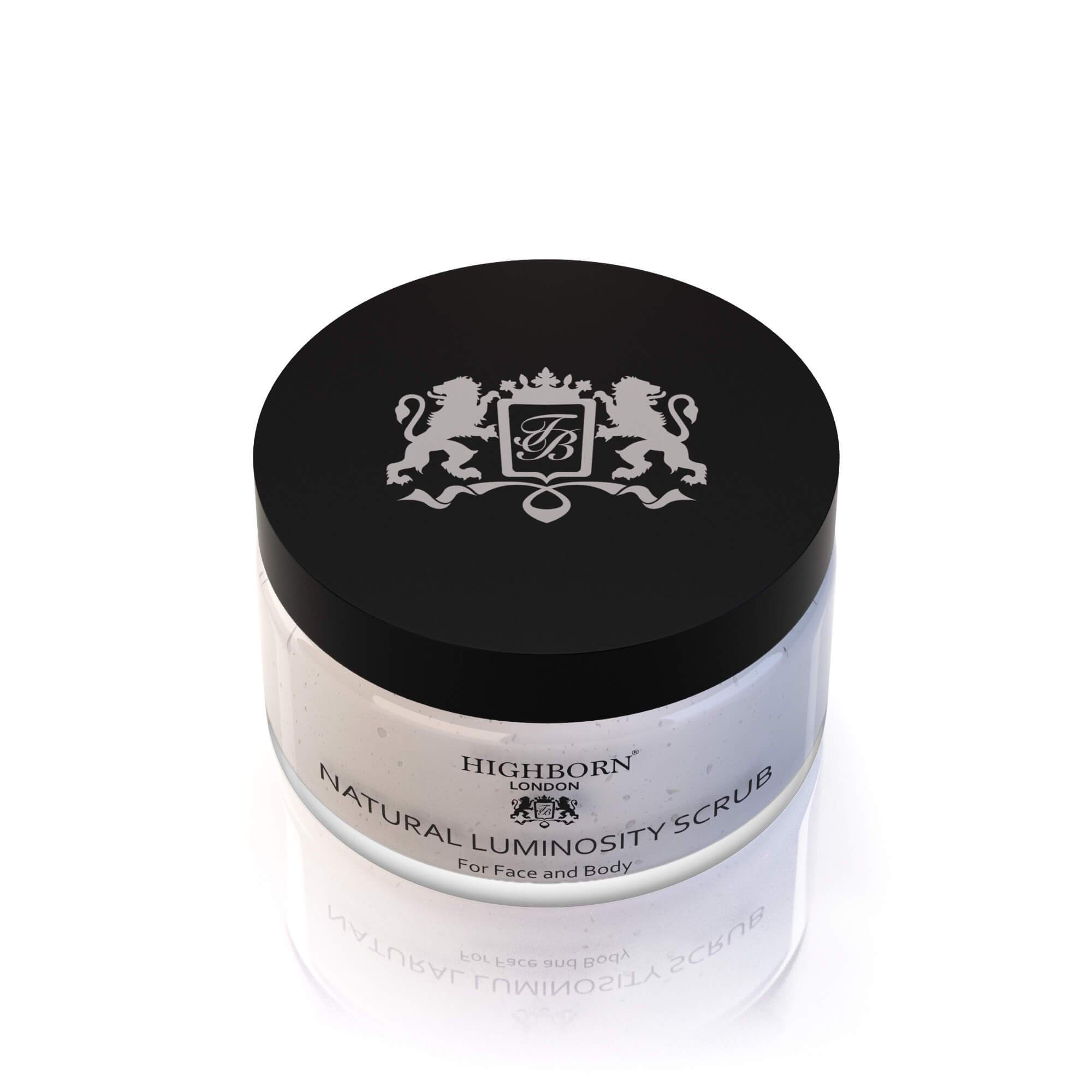 Jar of Highborn London Natural Luminosity Scrub with black lid on a white background