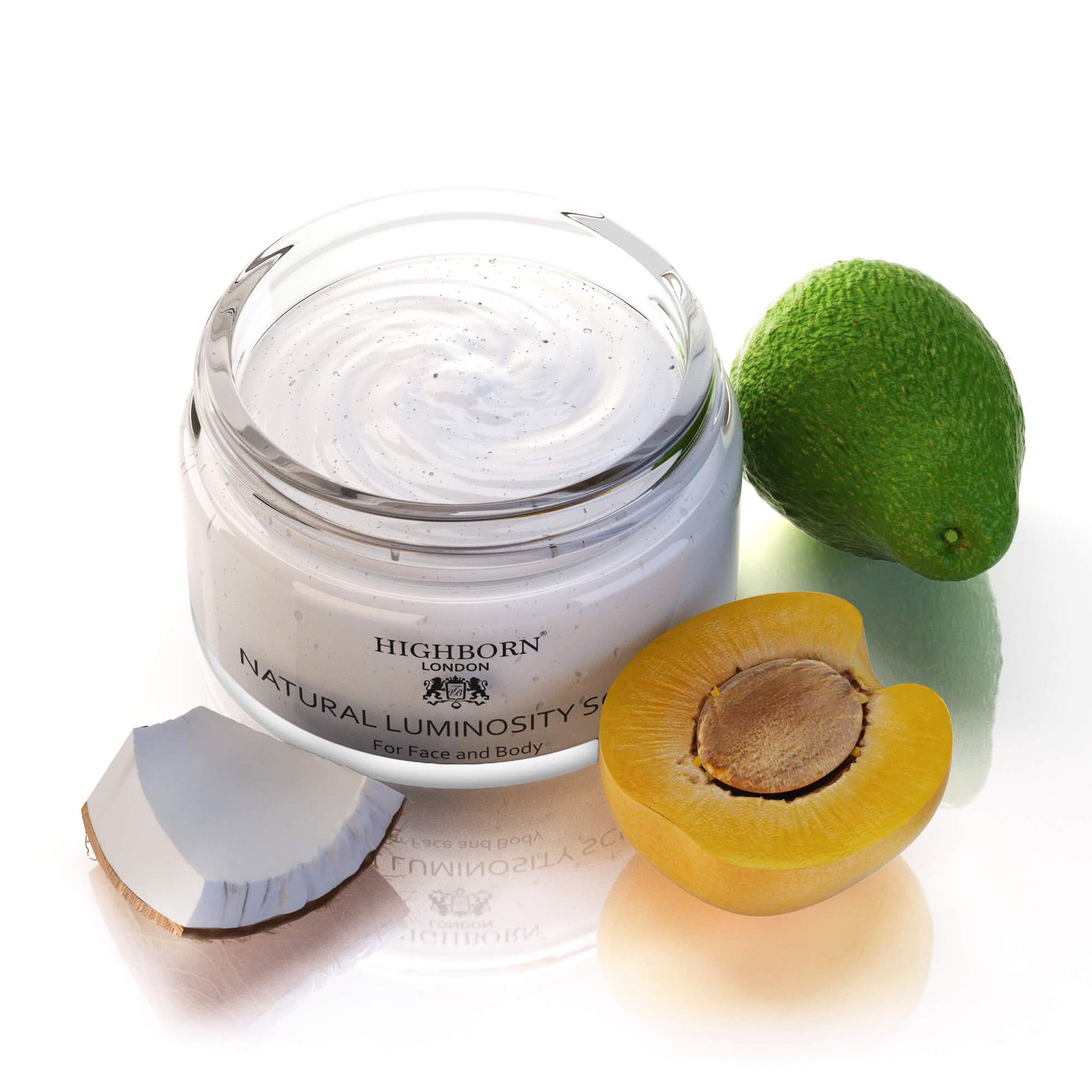 Jar of Highborn cream with a coconut, lime, and apricot on a white background