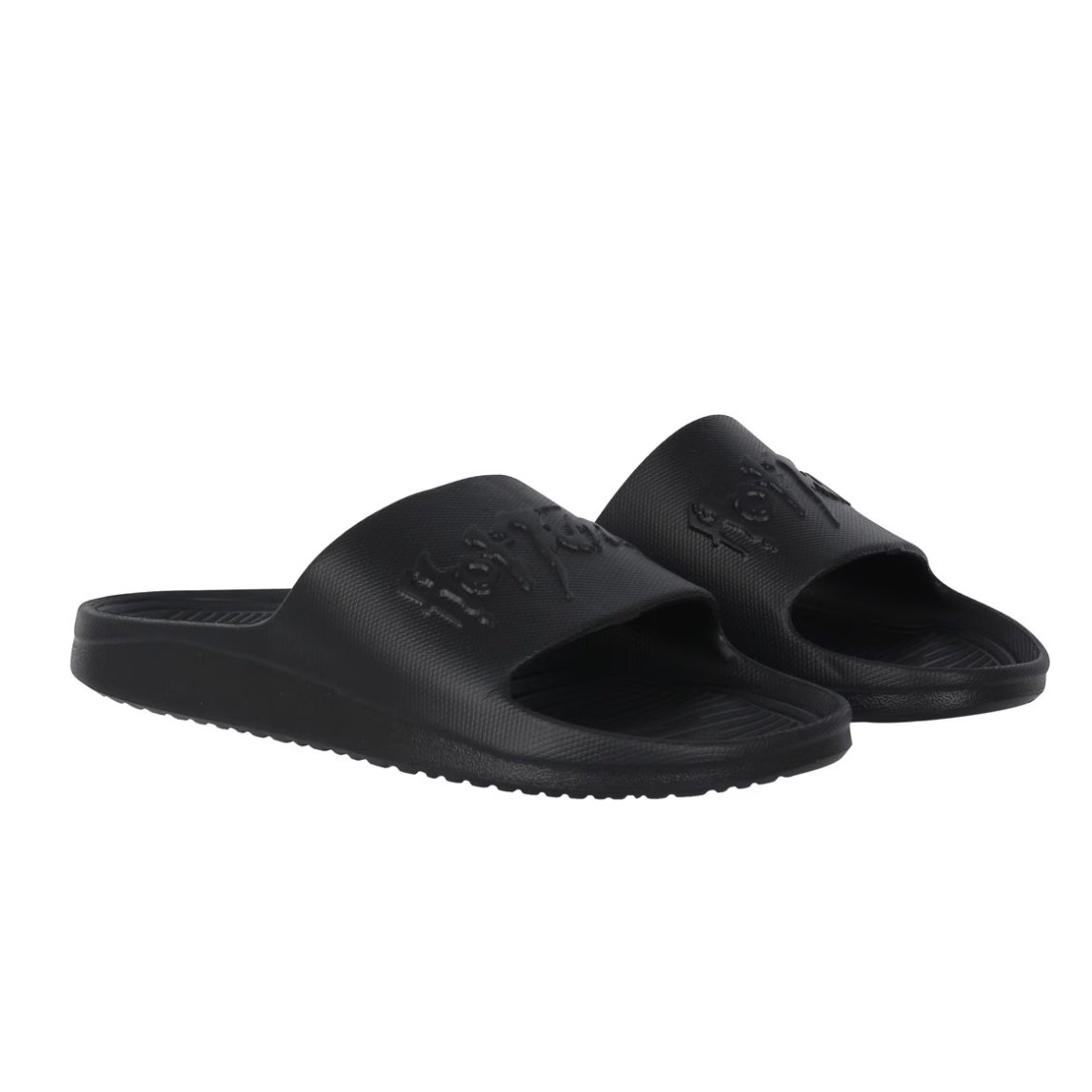 Pair of black slides with branding on a white background