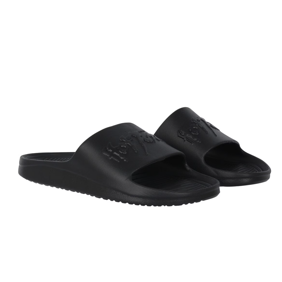 Pair of black slides with branding on a white background
