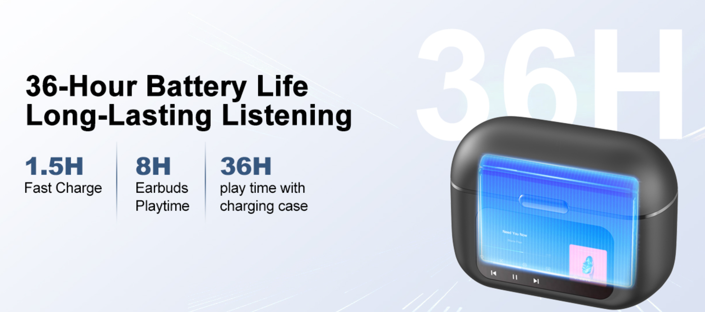 Wireless earbuds with charging case and battery life specifications on a light blue background