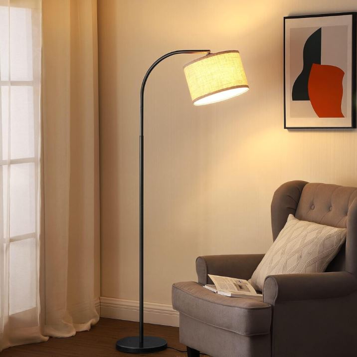 EDISHINE 63'' LED Floor Lamp, Adjustable Linen Shade, Black Arc Pole, E27 Socket