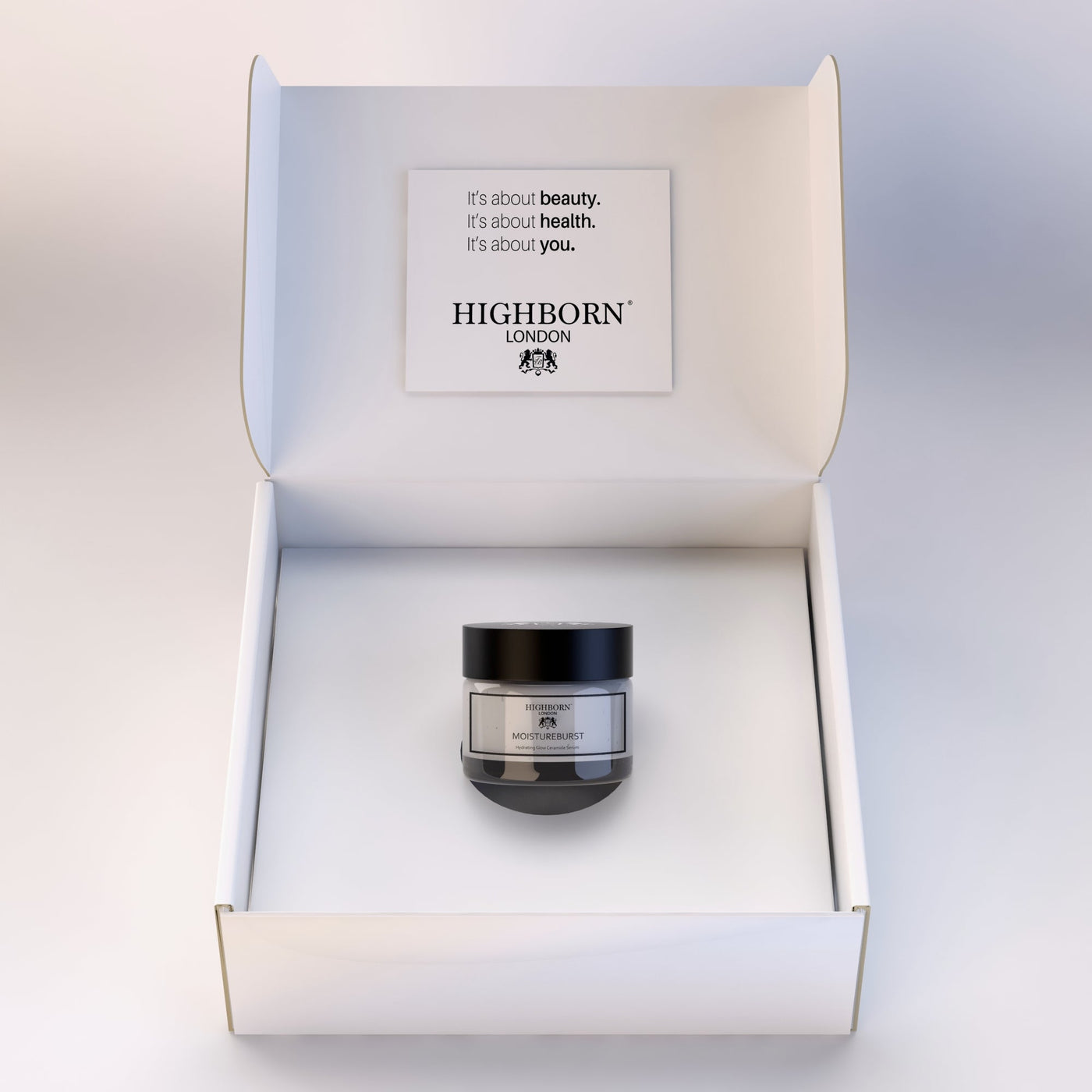 Highborn skincare product in a white box with a card on a light gray background