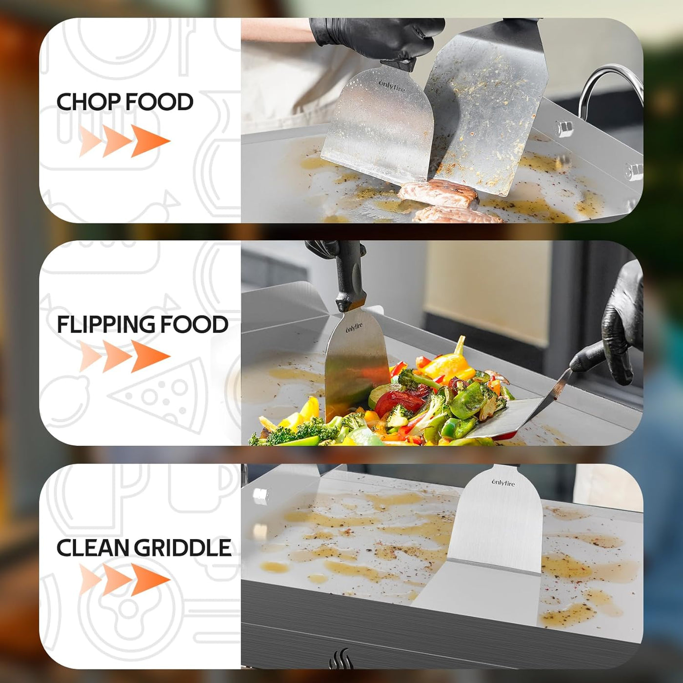 Metal spatula being used for chopping, flipping, and cleaning a griddle with text labels.