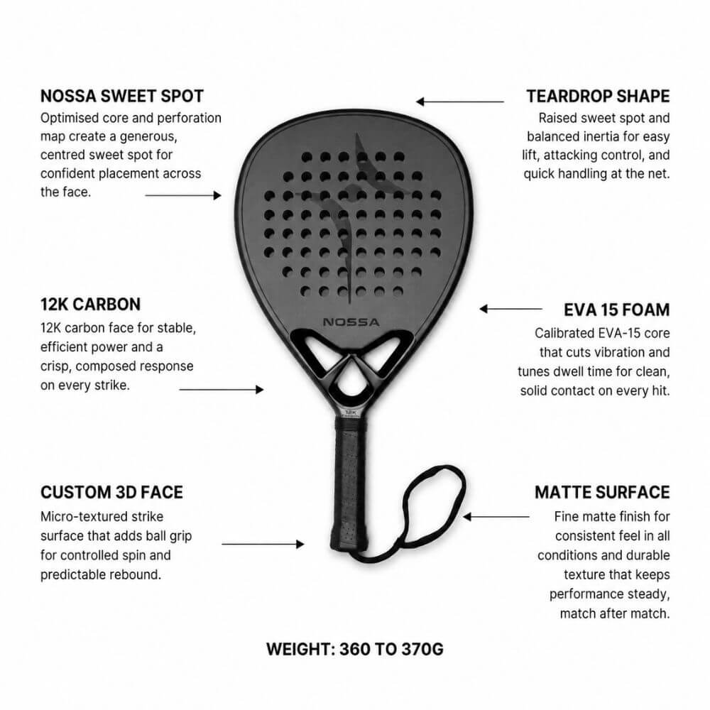 Padel Racket Carbon 12K EVA Foam Control Power Grip Lightweight Nossa Core
