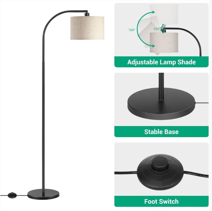 EDISHINE 63'' LED Floor Lamp, Adjustable Linen Shade, Black Arc Pole, E27 Socket