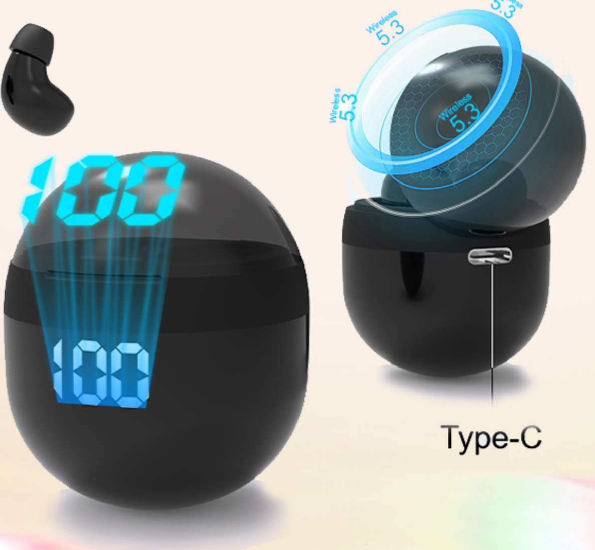 Black electronic device with digital display and Type-C connection on a beige background