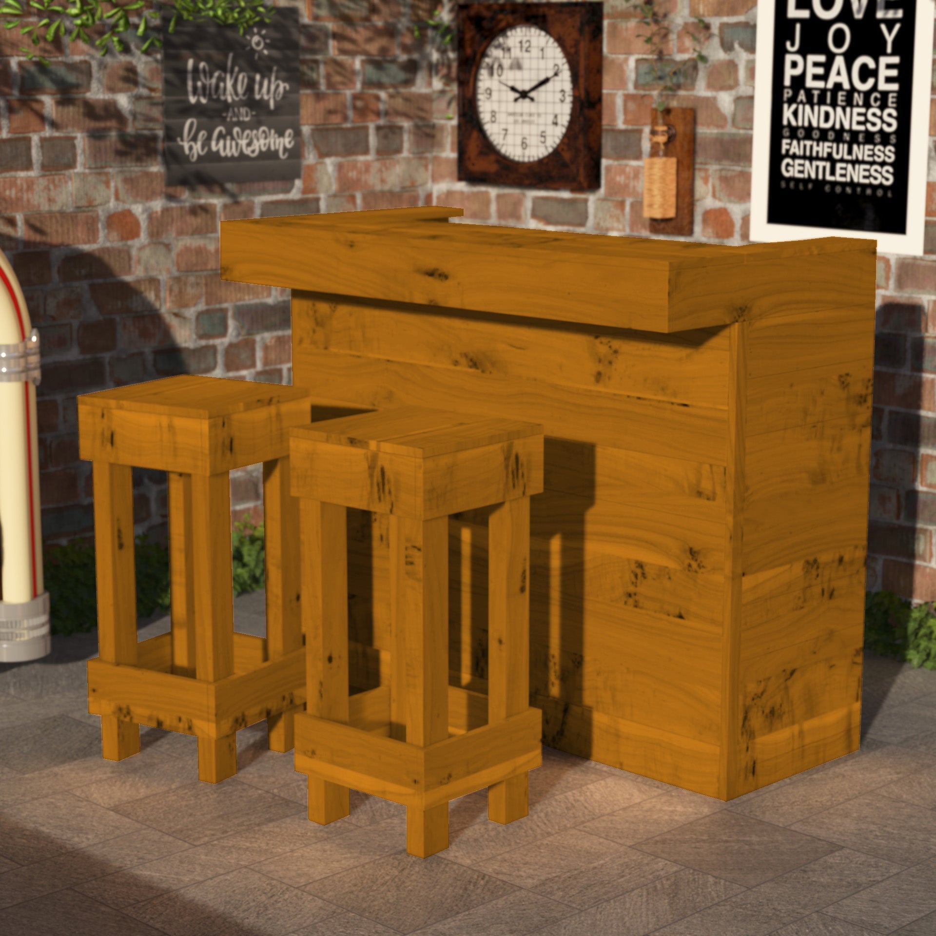 Wooden outdoor table and stools set against a brick wall with decorative elements.