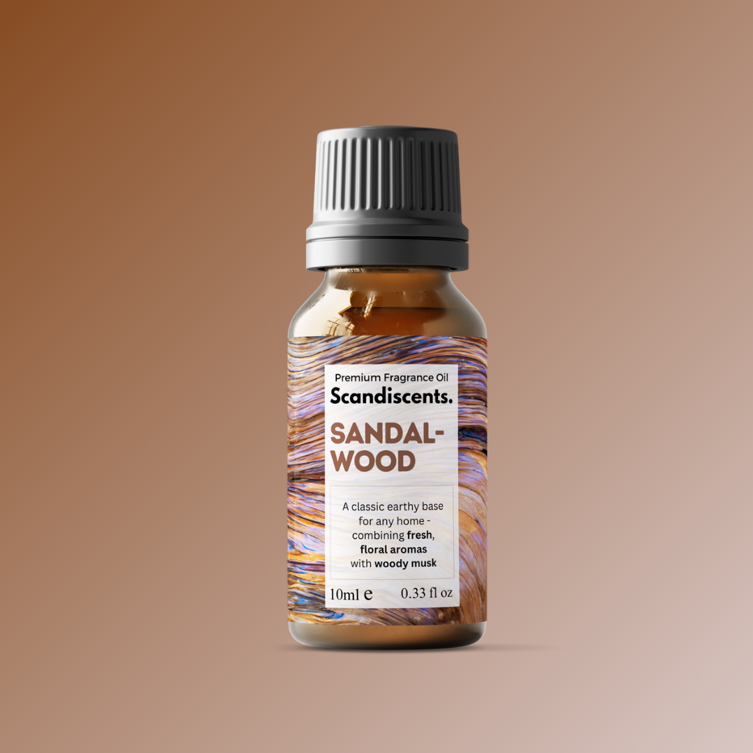 Bottle of Scandiscent sandalwood fragrance oil on a brown background