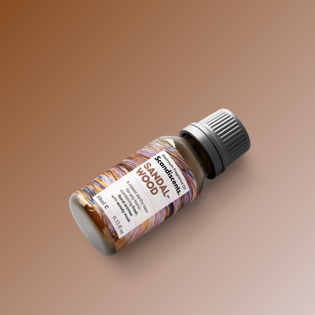 Sandalwood essential oil bottle on a brown background