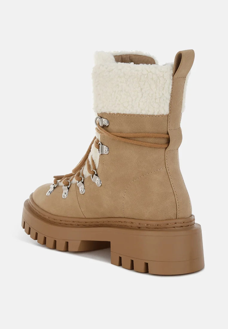 Camel Faux Leather Fleece Trim Chunky Ankle Boots New Look SZ 5