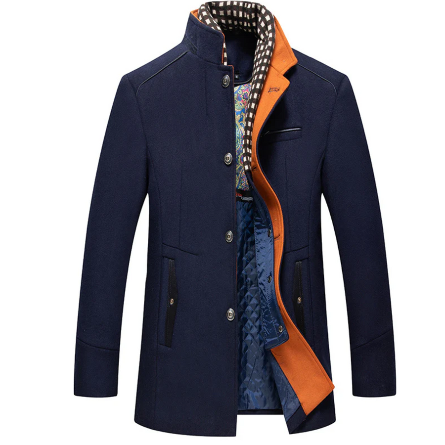 Navy blue coat with orange lining on a white background