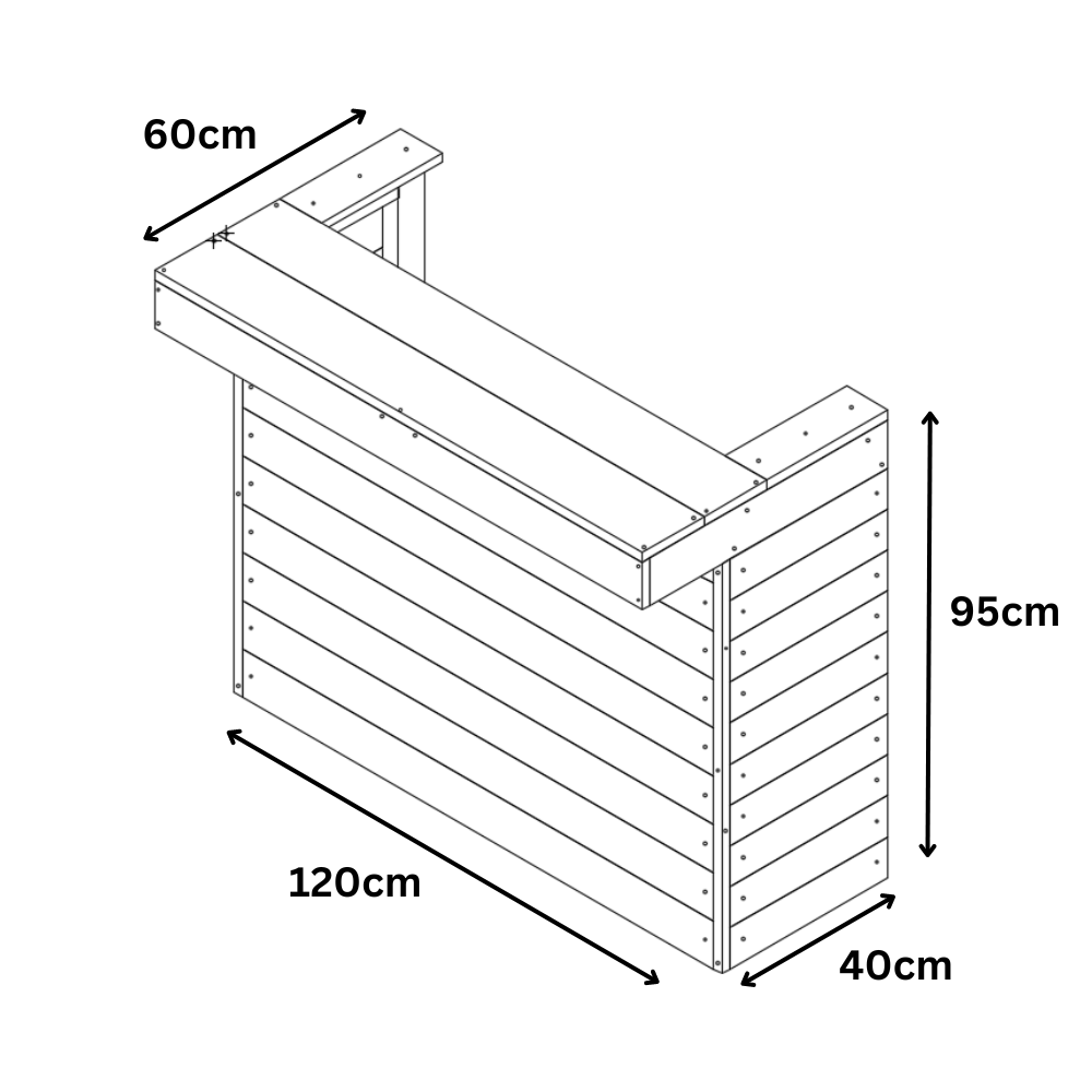 Dimensions of a wooden planter box with measurements in centimeters.