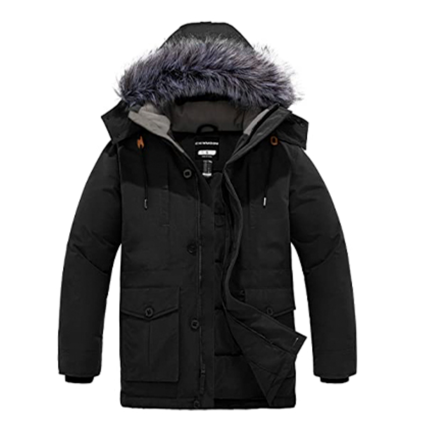 Black winter jacket with fur-lined hood on a white background