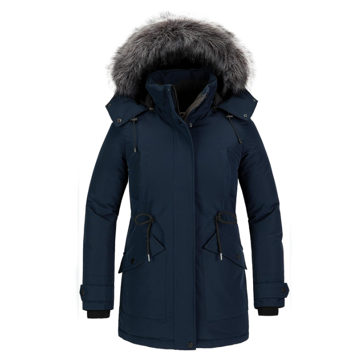 Navy blue winter coat with fur-lined hood on a white background