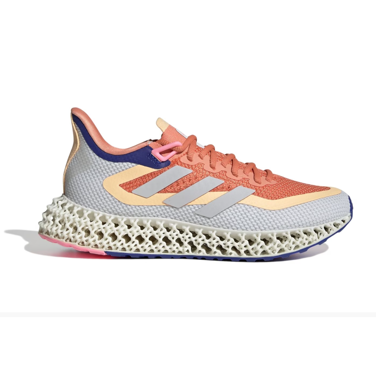 Adidas 4DFWD 2 Running Shoes featuring a white, orange, and blue color scheme with a distinctive lattice structure sole.