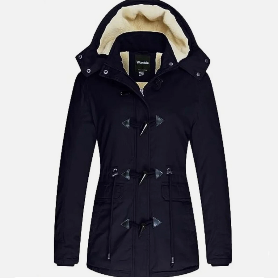Black coat with beige lining on a white background