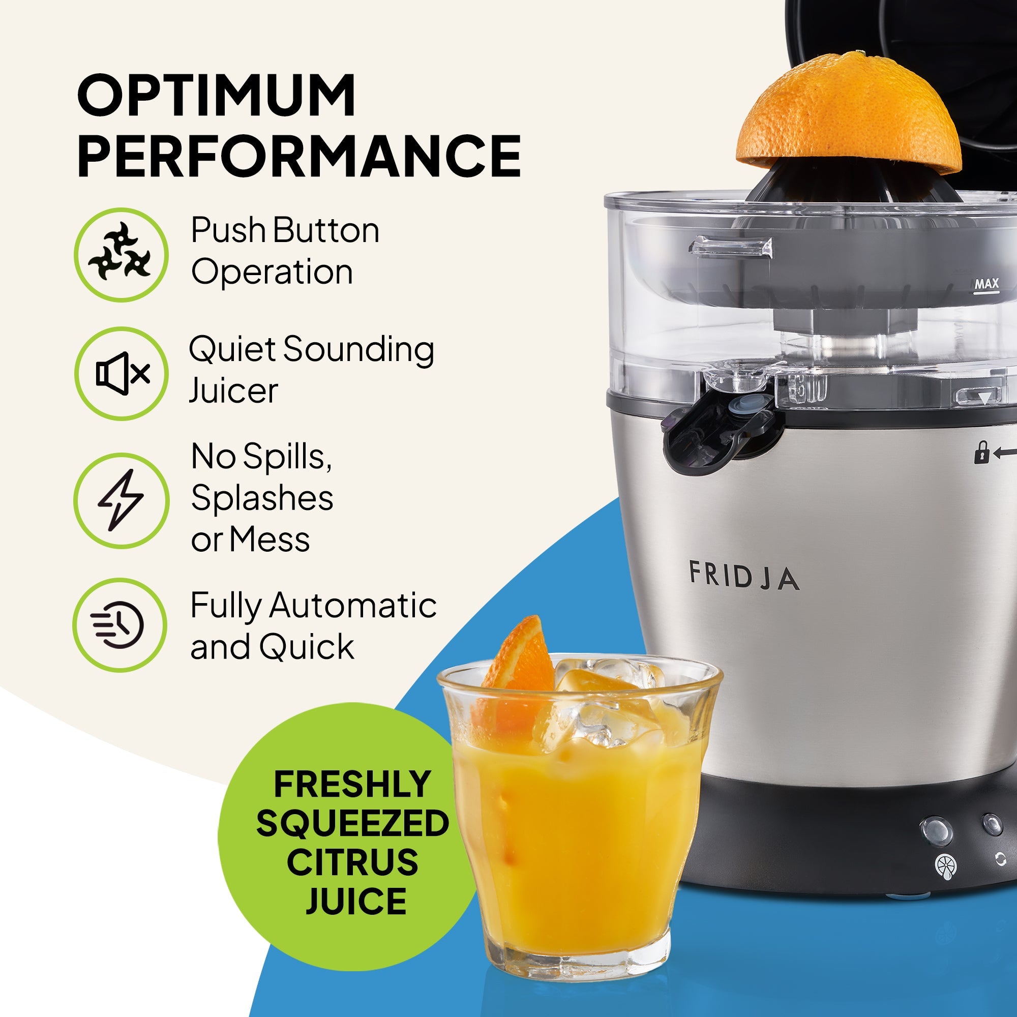 Fridja juicer with a glass of orange juice and text highlighting features