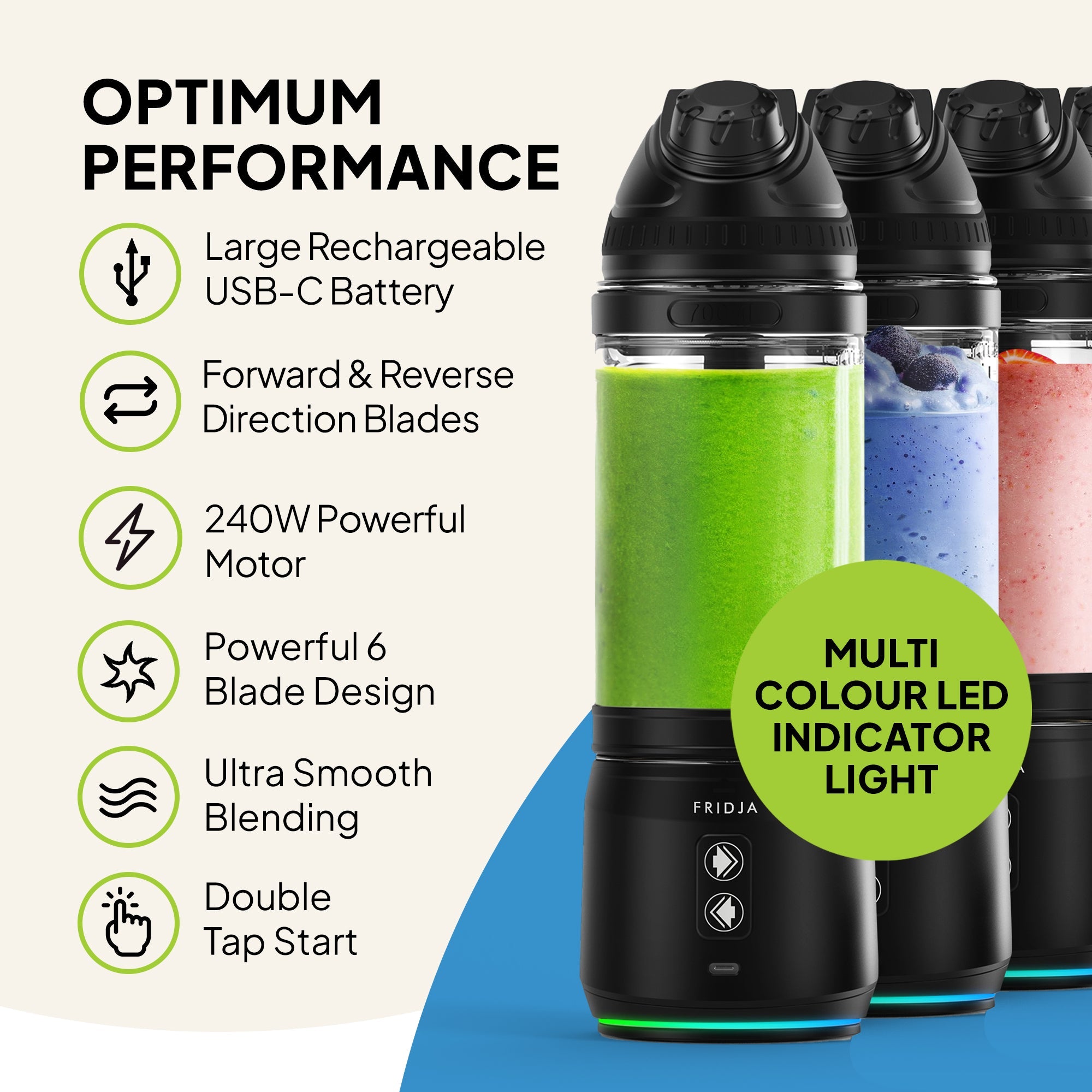 Black portable blender with green smoothie, blue and pink smoothies in separate containers, and feature list on a white and blue background.