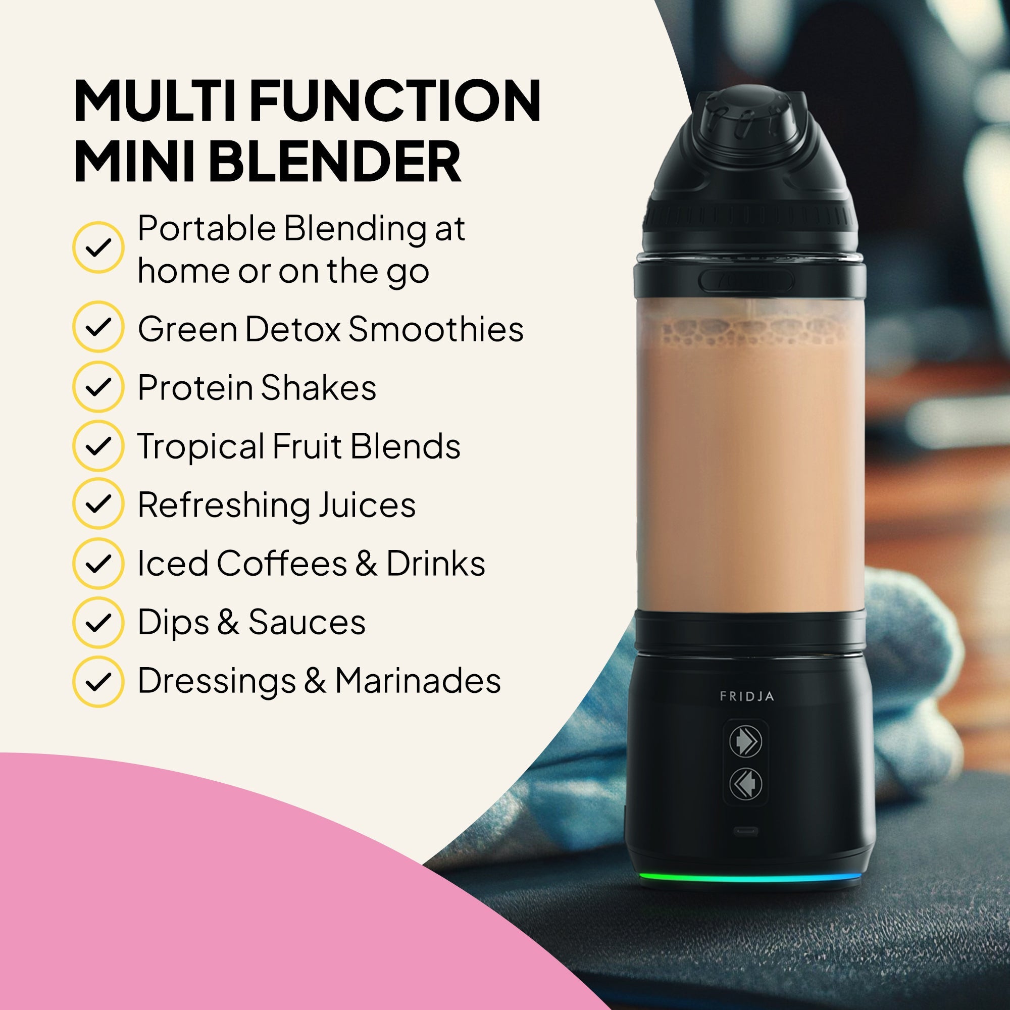 Multi-function mini blender with features listed on a white background