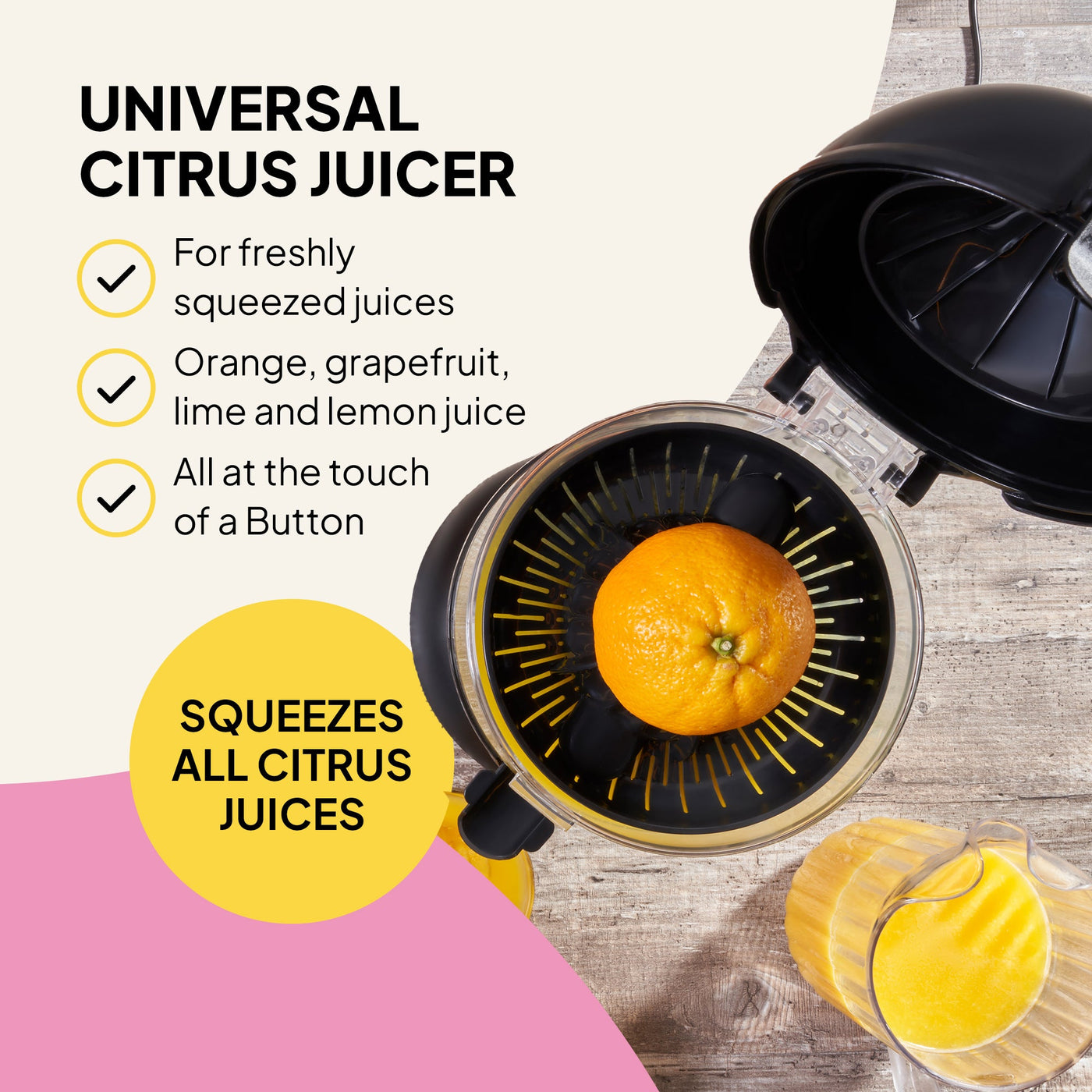 Universal citrus juicer with an orange inside, surrounded by text highlighting its features.