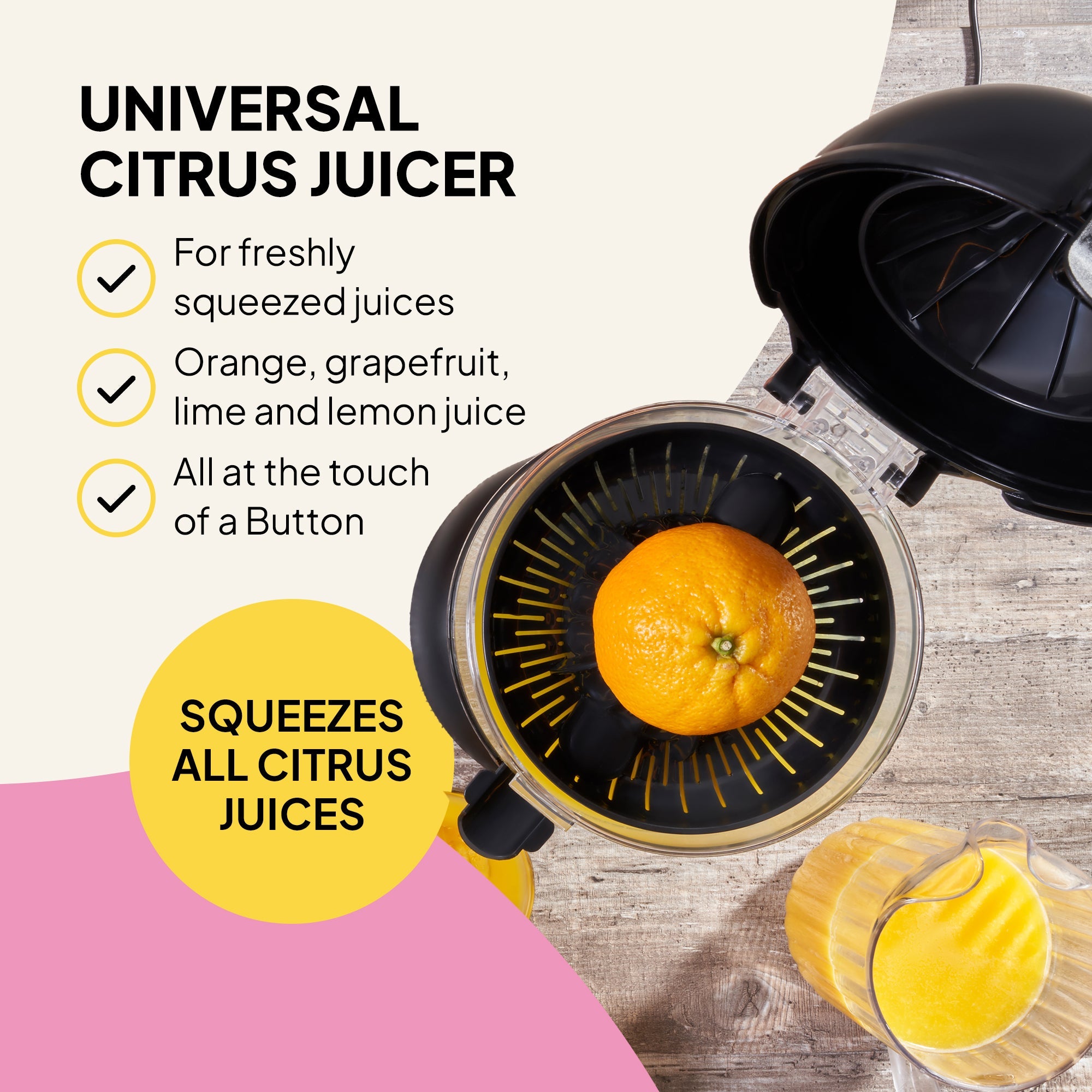 Universal citrus juicer with an orange inside, surrounded by text highlighting its features.