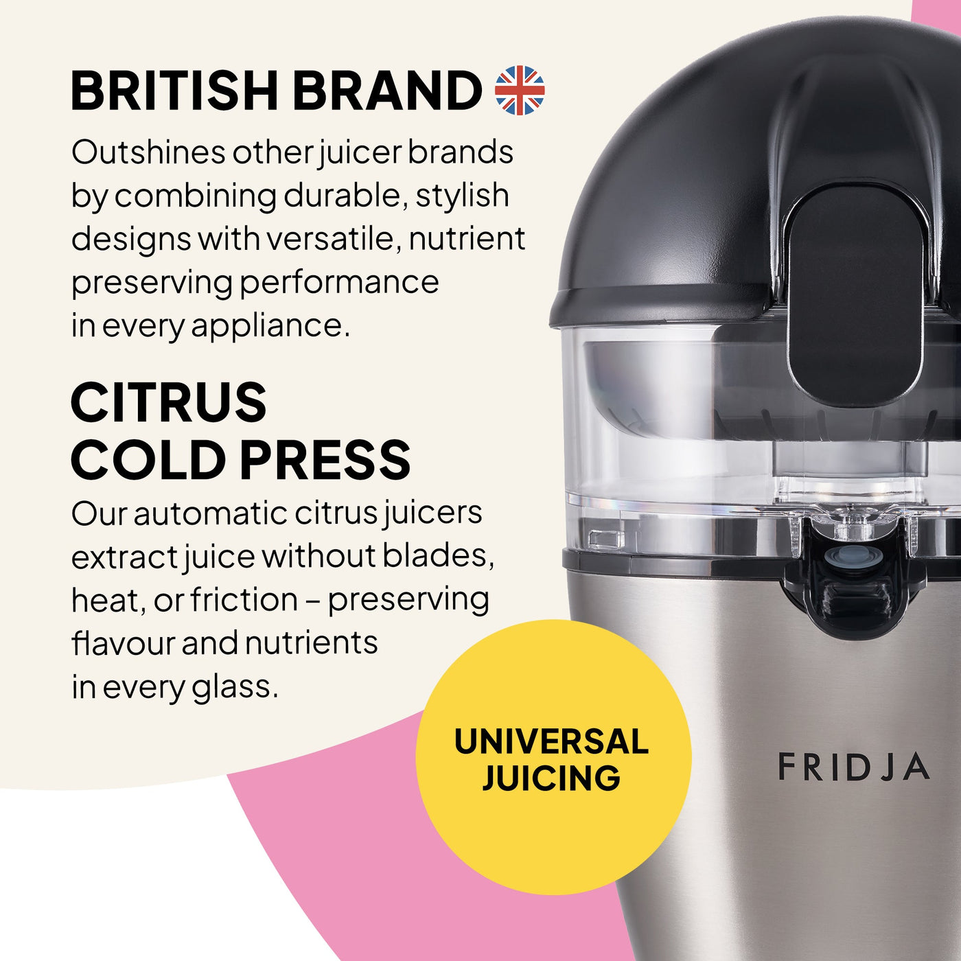 Fridja citrus juicer with text highlighting its features and brand.