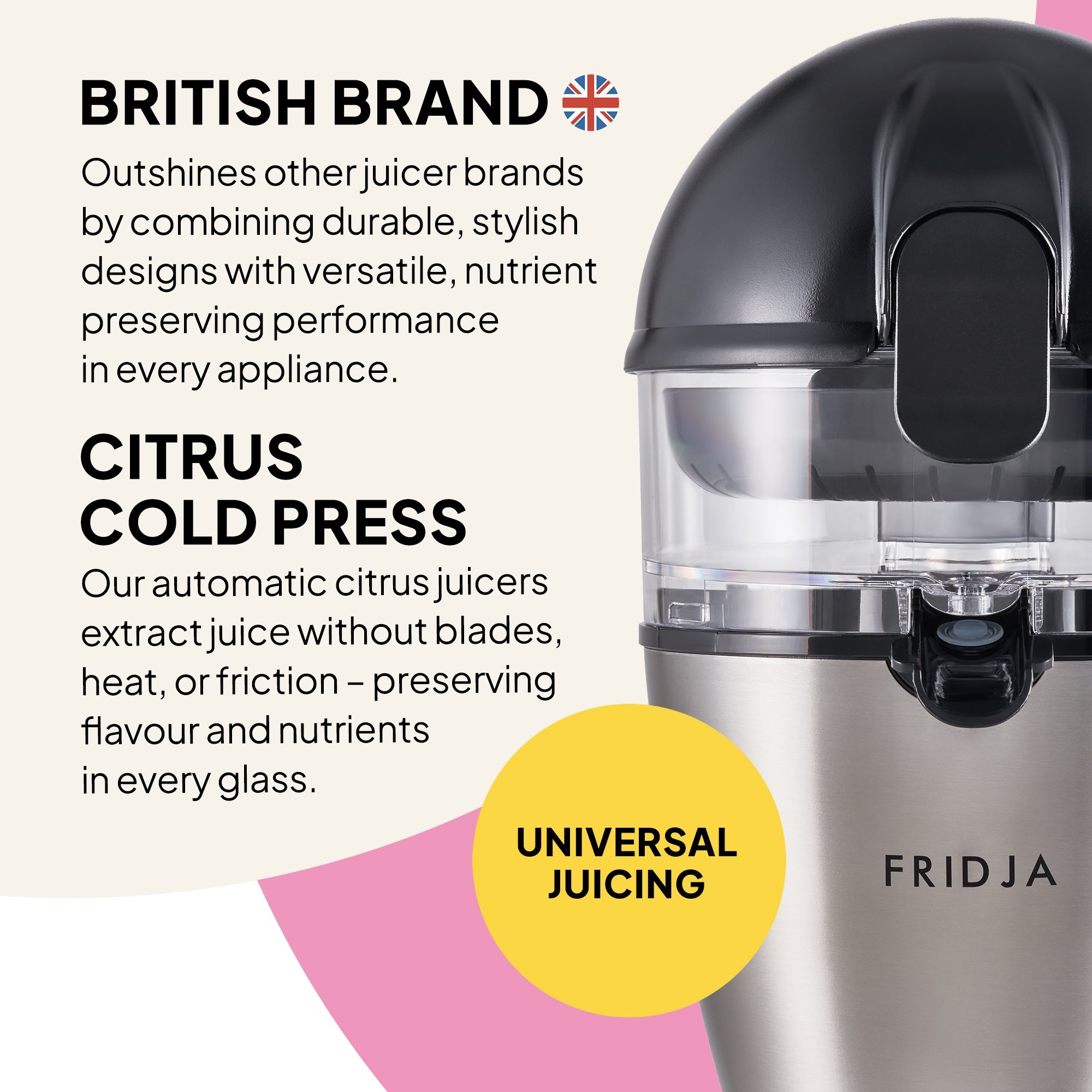 Fridja citrus juicer with text highlighting its features and brand.