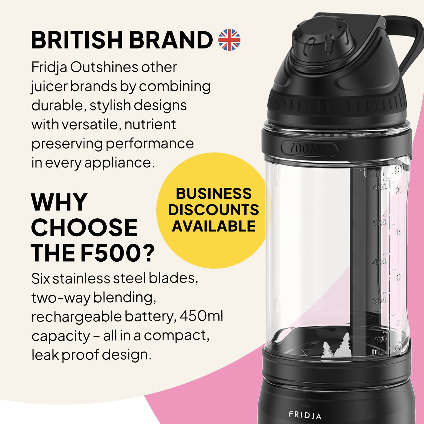 Fridja F500 juicer with promotional text on a pink and white background