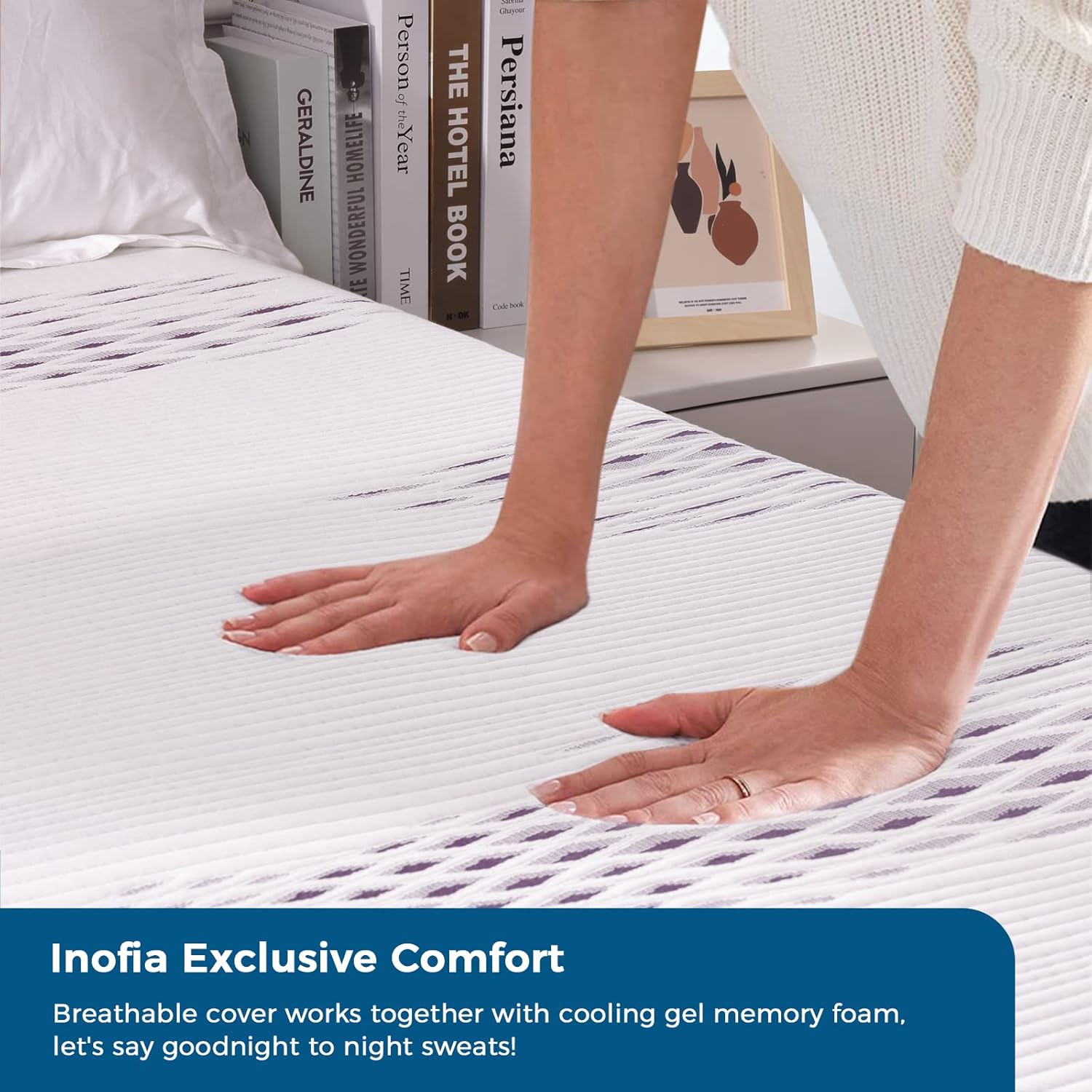 Person lying on a bed with a breathable cover and cooling gel memory foam, promoting Inofia Exclusive Comfort.