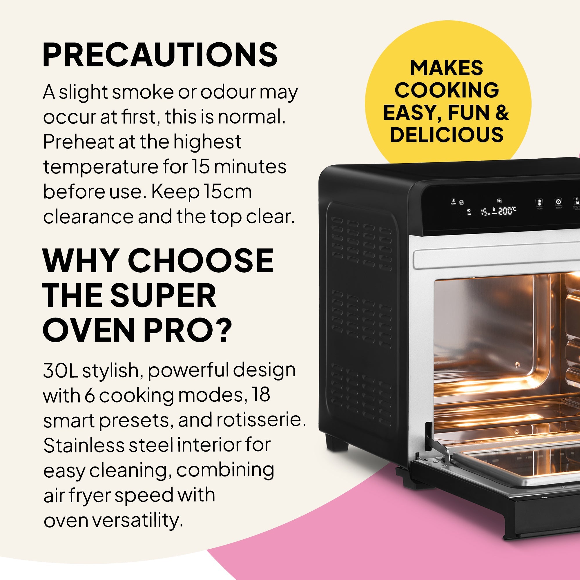 Super Oven Pro with text on precautions and features