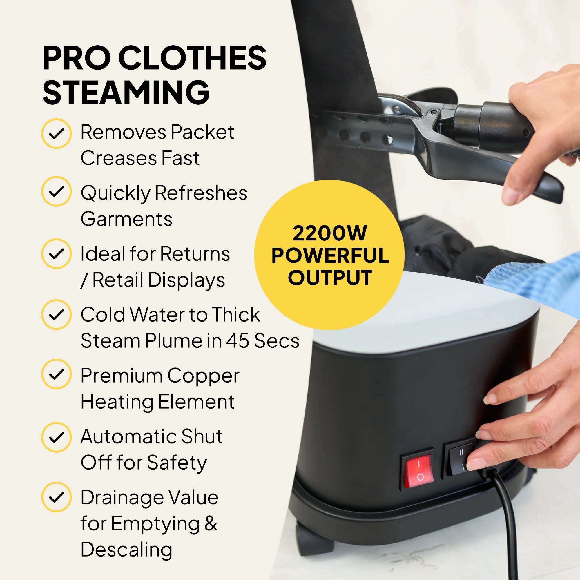 Clothes steamer with features listed on a white background