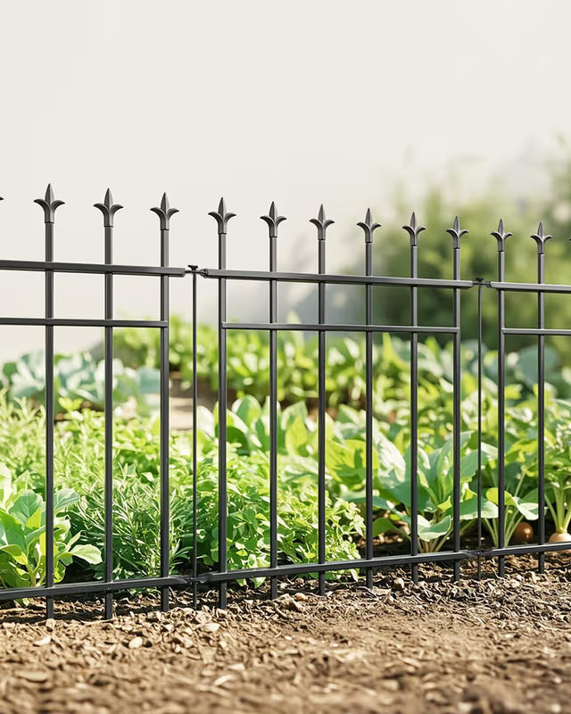 A black metal garden fence with pointed decorative tops, shown installed along the edge of a garden bed with green plants and mulch in the foreground.