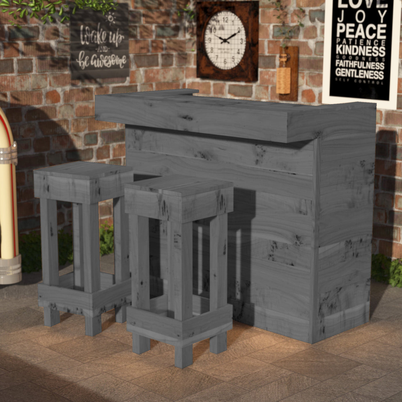 Set of gray wooden stools against a brick wall with decorative elements.