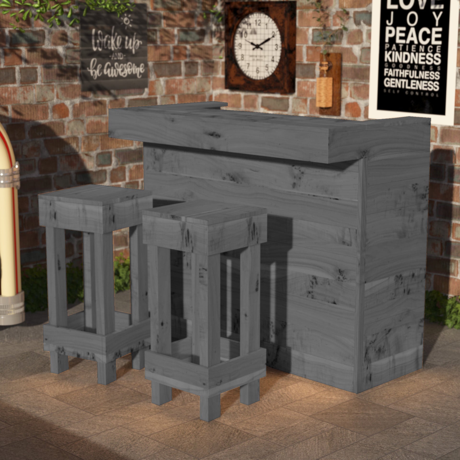 Set of gray wooden stools against a brick wall with decorative elements.