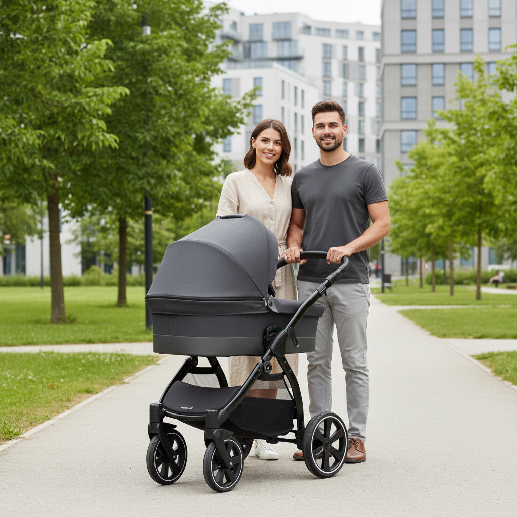Man and woman pushing a stroller in an urban park setting