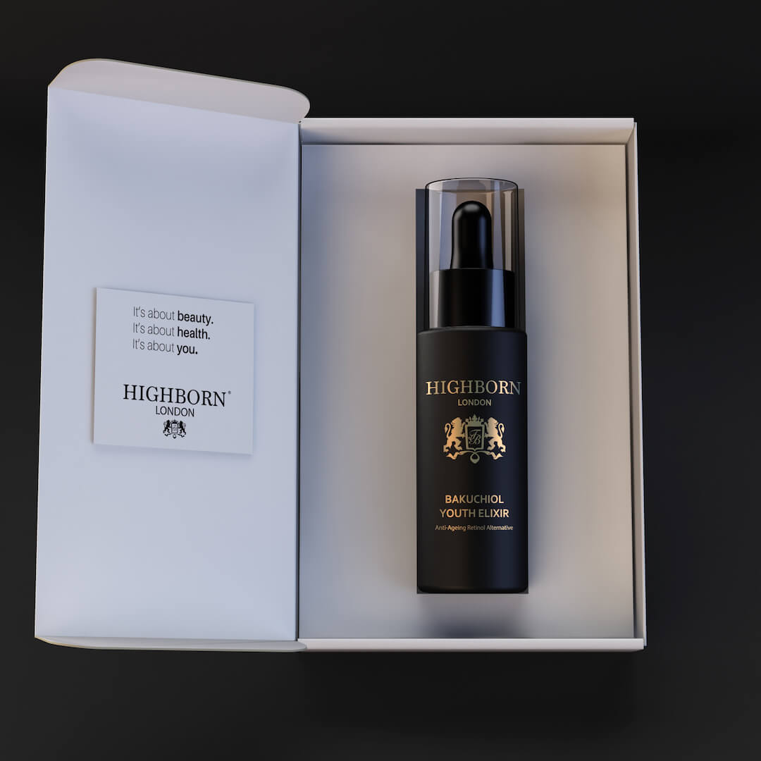Highborn skincare bottle in an open box with a black background