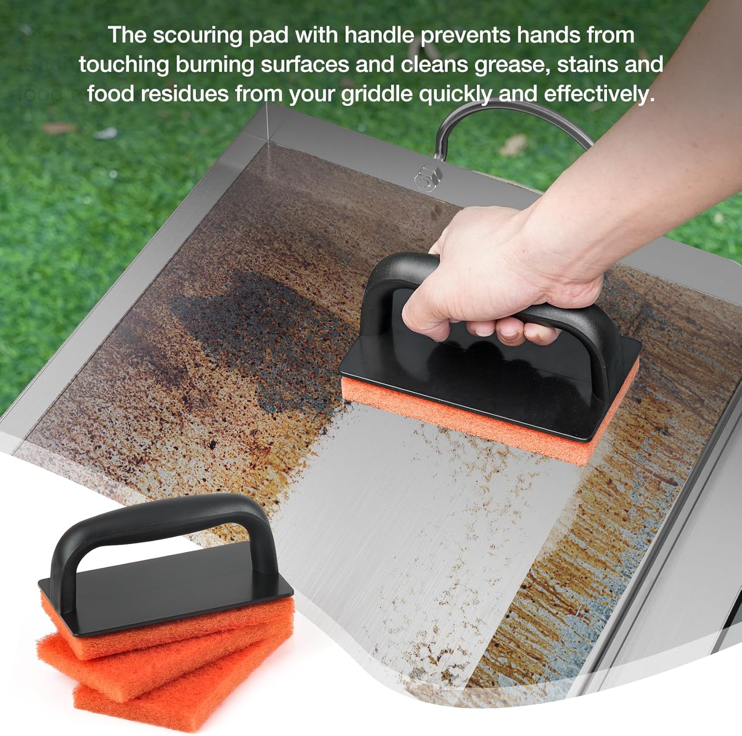 Scouring pad with handle cleaning a greasy griddle, with text describing its use.